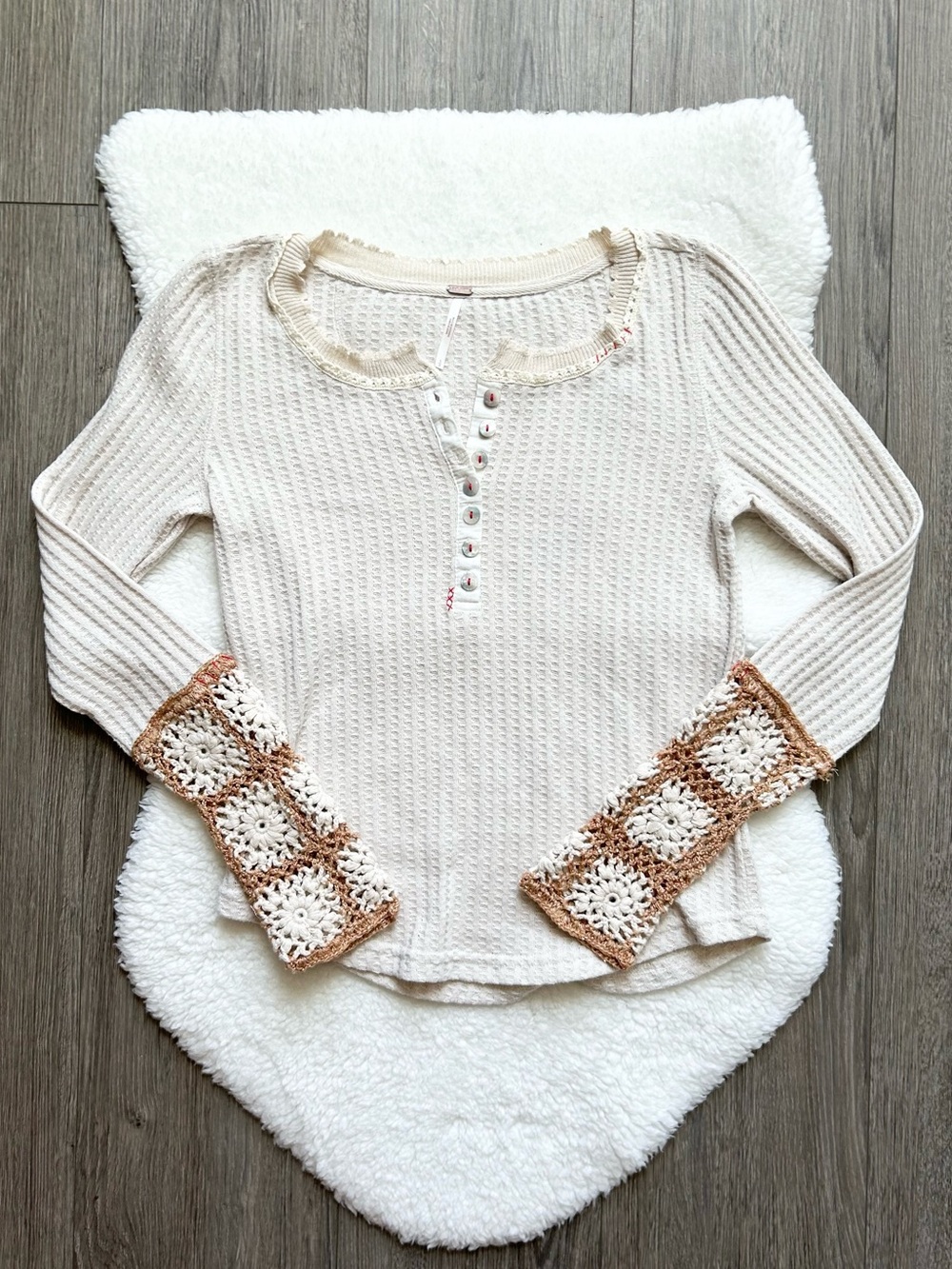 Free People Mistletoe Cream Waffle Knit Henley Top with Crochet Cuff Detail
